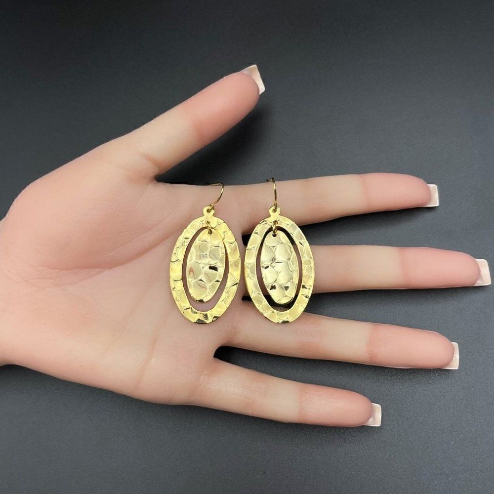 Yellow Gold Hammered Double Oval Shiny Dangling Drop Hook Earrings - Picture 8 of 8